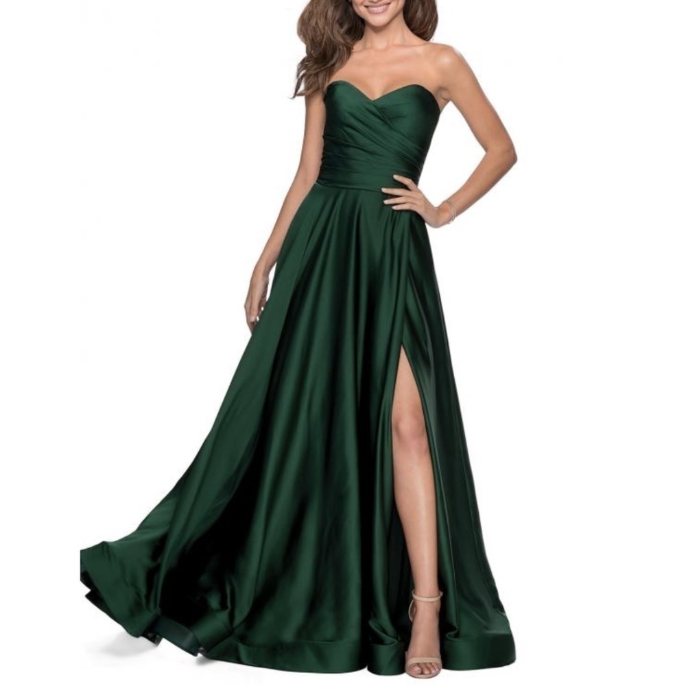 NWT La Femme 28608 Strapless Draped Bodice Full Length Gown in Emerald Sz. 4